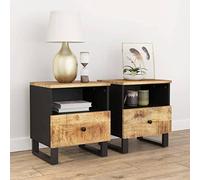 Solid Mango Wood Nightstand Set of 2 with Drawer and Shelf, Bedside Table for Bedroom, Sturdy Metal Legs, Natural Wood Finish, 40x31x46cm, Easy Assembly