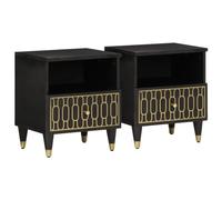 Solid Mango Wood Nightstand Set of 2 with Storage Drawer, Hand Carved Floral Design, Retro Bedside Table 40x33x46cm for Bedroom Living Room Home Decor