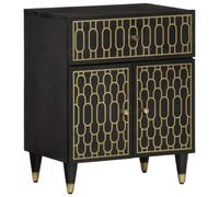 Solid Mango Wood Nightstand with Drawer & Doors 50x33x60 cm, Hand Carved Floral Design, Vintage Bedside Table for Bedroom Decor, Sturdy Iron Legs & Wall Mounting Kit Included