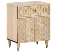 Solid Mango Wood Nightstand with Hand Carved Design 50x33x60 cm, Elegant Bedside Table with Drawer and Doors, Natural Wooden Accent for Bedroom Decor, Sturdy and Spacious Storage Furniture