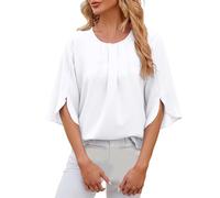 Sólida, sin cuello, 5 piezas, hombros de manga larga, camisa casual para mujer, Blanco, M