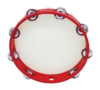 Solinder Tambourina de mano de metal de 10 pulgadas de una fila, 8 piezas de metal con abrazaderas, piel de oveja, panderetas de madera, entretenimiento, para adultos, niños, bailar, cantar