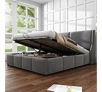 Solisburne Cama de 140 x 190 cm, cama tapizada con cajón, cama doble con espacio de almacenamiento inferior, cama de almacenamiento hidráulica con cabecero y somier, estructura de cama, terciopelo
