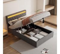 Solisburne Cama Hidráulica 140×200 con Almacenaje, Cabecero Acolchado con USB Tipo-C y LED, Cama Tapizada Matrimonial de Metal, sin Colchón (Gris Lino)