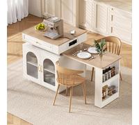Solisburne Isla de cocina con mesa extensible 80+120 cm, mesa de comedor extensible con iluminación LED, mesa de bar con ruedas, aparador con regletas, aparador para cocina y comedor, color blanco