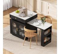 Solisburne Isla de cocina con mesa extensible 80+120 cm, mesa de comedor extensible con iluminación LED, mesa de bar con ruedas, aparador con regletas, aparador para cocina y comedor, color negro