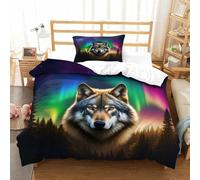 Solitario Lobo Juego De Funda Nórdica, Individual/Pareja Microfibra Suave Ropa De Cama, Single（135x200cm） Colorful Aurora Boreal Boreal Funda Nórdica con Fundas De Almohada