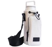 SOLLY AND RUE Soporte para botella de agua para caminar de 16/20/24/32 onzas, lona de algodón duradera, piel auténtica, aislado, correa cruzada para botella de agua con bolsillo frontal para artículos