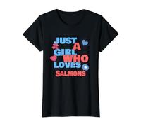 Solo una Chica Que ama los salmones Camiseta gráfica económica, Mujer, Negro, L