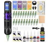 Solong - Kit de pistola de tatuaje inalámbrica, kit completo de máquina de tatuaje con batería potente, longitudes de 7 tiempos, agujas de cartucho y guía de papel tapiz de color para principiantes