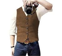 Solovedress Chaleco sin mangas de estilo casual para hombres, de lana y tweed, con diseño de rayas, cuello en V, para bodas/testigos de novio, marrón, XL