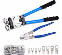 Solsop Crimpadora de Cables de Batería 6-50mm² con Cortacables - Herramienta Profesional de Engaste para Terminales de Cobre | Kit Completo con 60 Terminales de Anillo y 8 Tamaños de Crimpado