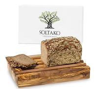 SOLTAKO Tabla de cortar pan con compartimento extraíble para migas de madera de olivo hecha a mano, 30 x 20 x 4,4 cm