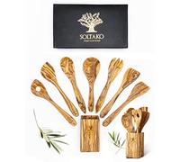 SOLTAKO Utensilios de cocina con soporte, juego de 7 cucharas de cocina, espátulas, paletas, cucharas, servidor de ensalada de madera de olivo crudo, 30cm