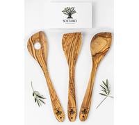SOLTAKO Utensilios de cocina de madera de olivo, juego de 3 espátulas de cocina, paleta, cuchara, servidor de pasteles, madera antiadherente, resistente al calor, aprox. 30 cm