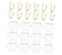 SOLUSTRE 12 Pulseras Mini Rosario de Oración con Cruz y Perlas de Color Blanco, Pulsera Rosario Católico para Bautizo y Comunión, Favores Religiosos para Bodas y Fiestas, 7x9 Cm, Dorado