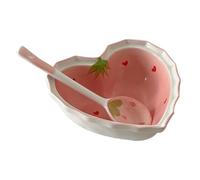 SOLUSTRE Cuenco y Cuchara Rosa de Cerámica en Forma de Corazón Estampado de Fresas Multifuncional para Cocina y Decoración del Hogar