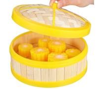SOLUSTRE Vaporera de Bambú con Borde Plástico Amarillo y Tapa, Segura y Práctica para Cocinar al Vapor Verduras y Alimentos en Casa, 20 Cm