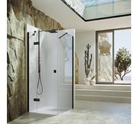 SolvaPro puerta batiente con marco parcial, 4 esquinas, con segmento fijo, fijación a la izquierda, ancho: 900mm, 7T030255F321, Cabinas de ducha: Color del perfil cromo negro Cristal ESG transparente