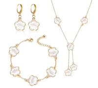 SolWonder Conjunto de Joyas Trébol de 5 Hojas para Mujer - Collar, Pendientes, Pulsera en Oro Plateado 18K - Regalo Elegante para Madres, Novias y Niñas - Acero Inoxidable Libre (Blanco)