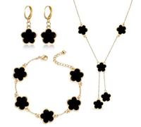 SolWonder Conjunto de Joyas Trébol de 5 Hojas para Mujer - Collar, Pendientes, Pulsera en Oro Plateado 18K - Regalo Elegante para Madres, Novias y Niñas - Acero Inoxidable Libre (Negro)