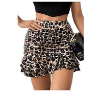 SOLY HUX Falda de leopardo para mujer, minifalda que realza la figura, falda de línea A, falda casual con estampado de leopardo, falda de fiesta, falda casual con volantes, marrón, M