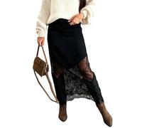 SOLY HUX Falda elegante de encaje para mujer, falda larga para oficina, informal, ligera, falda de baile, falda de fiesta, con encaje, festival, ropa informal, Negro , M