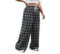 SOLY HUX Pantalones de mujer de tallas grandes, pantalones de tiempo libre, holgados, informales, con bolsillos, a cuadros, negro y blanco, 3XL