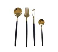 Solycarpa Juego de Cubiertos de 4 Piezas (Tenedor, Cuchara, Cuchillo y Cucharilla), Color Dorado con Mango Negro Mate - Elegancia y Estilo para Hogar y Eventos, Resistente y Duradero