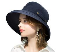 SOMALER - Sombreros de algodón de ala ancha para mujer, UPF50+, sombrero de playa plegable con rayos UV, gorra de verano para viajes, Botón Decoración-azul oscuro, talla única