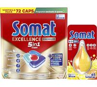 SOMAT Caps 67 AW Excellence Premium - Pastillas para lavavajillas de liberación rápida, eliminan restos de comida persistentes + Somat Duo Power Experten Deo Perls 60 AW aroma a limón y naranja, 17 g