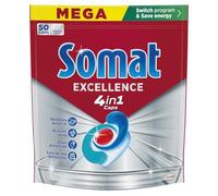 Somat Excellence 4 en 1 Pastillas (1 x 50 tabs), detergente lavavajillas que elimina los residuos quemados, pastillas lavavajillas con brillo excelente, jabón para vajilla