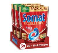 Somat Excellence 4 en 1 Pastillas (3 x 28 tabs), detergente lavavajillas que elimina los residuos quemados, pastillas lavavajillas con brillo excelente, jabón para vajilla