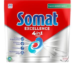 Somat Excellence 4 en 1 tapas (20 taps), pastillas para lavavajillas de liberación rápida, tapas Somat para una excelente limpieza y brillo incluso en el programa Eco y a bajas temperaturas