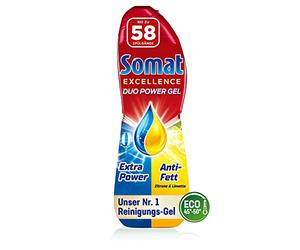 Somat Excellence Duo Power Gel (58 lavados) Detergente para lavavajillas para platos limpios y brillantes también en el programa Eco y a bajas temperaturas, limón y lima