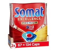 Somat Excellence Premium 5 en 1 Caps (134 Caps), pastillas para lavavajillas de liberación rápida con Extra Boost, Somat Caps eliminan incluso 72 h de restos de comida secos y persistentes
