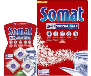 Somat Juego de limpieza de lavavajillas 5 en 1, sal especial de 1,2 kg + limpiador de máquina Duo 3 pastillas, potente contra la cal, la grasa y los olores, apto para todos los lavavajillas