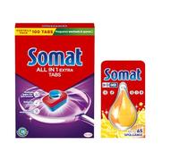 SOMAT Tabs 100 AW All in 1 Extra, pastillas para lavar platos para una limpieza radiante, combate los residuos secos + desodorante Somat Duo Power Experten Perls 60 AW aroma a limón y naranja, 17 g