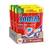 Somat Todo en 1 Extra Pastillas (3 x 26 tabs), detergente lavavajillas anti-olor para vajilla, pastillas lavavajillas para ciclos eco y cortos, eliminan la suciedad incrustada