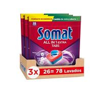 Somat Todo en 1 Extra Pastillas (3 x 26 tabs), detergente lavavajillas anti-olor para vajilla, pastillas lavavajillas para ciclos eco y cortos, eliminan la suciedad incrustada