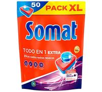 Somat Todo en 1 Pastillas Detergente para Lavavajillas (50 lavados), pastillas del lavavajillas y abrillantador, jabón lavavajillas antiolor