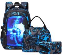 SOMBLG Mochila Chico Escolar Conjunto Niños de Libros Elemental Medio Adolescente Gran Impermeable Bolso de Almuerzo 18 Pulgadas 3 Pcs Boys Bolso (5-Azul Fútbol Set)