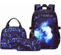 SOMBLG Mochila Chico Escolar Conjunto Niños de Libros Elemental Medio Adolescente Gran Impermeable Bolso de Almuerzo 18 Pulgadas 3 Pcs Boys Bolso (1-Azul Fútbol Set)