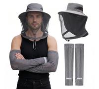 Sombrero Antimosquitos con Malla y Manguitos Protección Solar UPF 50+, Gorra con Protector de Cuello y Nuca para Pesca, Senderismo, Camping y Apicultura, Transpirable y Plegable, Gris Oscuro