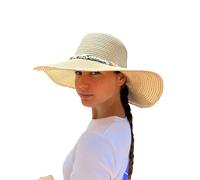 Sombrero Blanco Mujer De Paja Protección Solar Panama Pamela Playa Verano Esparto Gorra para Sol Visera Enrollable con Lazo con Perlas