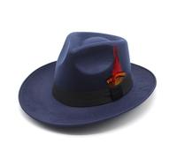 Sombrero clásico de fieltro de lana, negro con plumas rojas, ala ancha, Azul marino, talla única