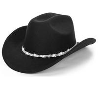 Sombrero clásico de Fieltro Occidental de Vaquero para Mujeres y Hombres, Sombrero de Jazz con Banda (Lagre), Negro (Black with Rhinestone), Large