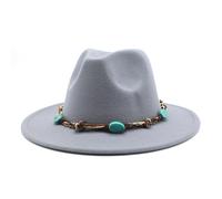 Sombrero clásico Western Fedora de lana negra con banda de acento turquesa, ala ancha, Gris,claro, talla única