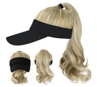 Sombrero con cabello, peluca de sombrero Capilla de béisbol negro con cola de caballo rizada ondulada de 18 pulgadas con extensiones de cabello de gancho y bucle ajustables sol sintética con mujeres
