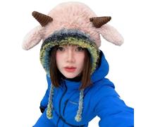 Sombrero con forma de animal, gorro suave elástico adaptable | Sombrero de peluche con orejas de oveja - para señoras adultos niñas viajeros escuela viaje ciclismo fotografía, Rosa